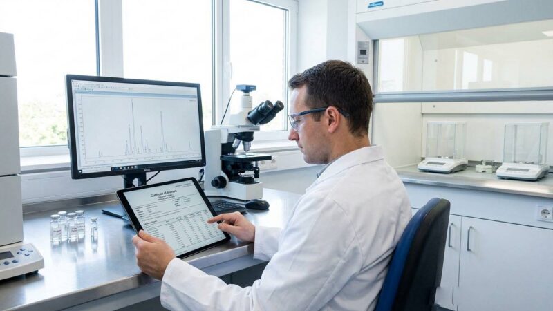 Scientist reviewing botanical extract COA with HPLC chromatogram