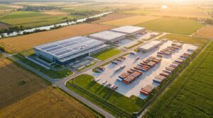 Aerial view of GMP botanical extract manufacturing facility with warehouse and shipping containers