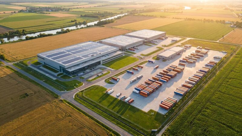 Aerial view of GMP botanical extract manufacturing facility with warehouse and shipping containers